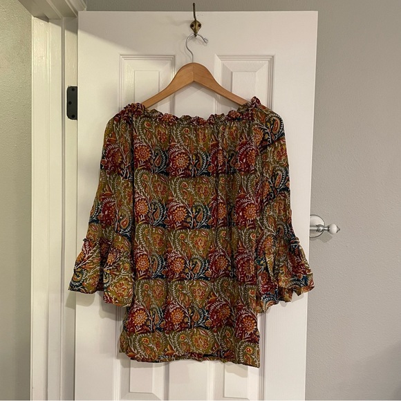 Tolani Silk Paisley Ruffle Trim Off the Shoulder Top Small - Picture 7 of 7